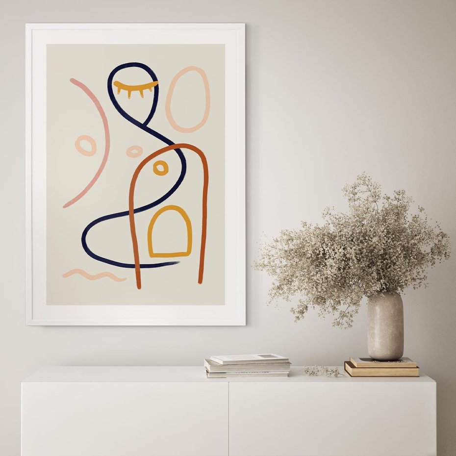 Plakat w ramie 30x40 - Mgnienie Oka - abstrakcja w stylu picasso, beżowe tło - rama biała