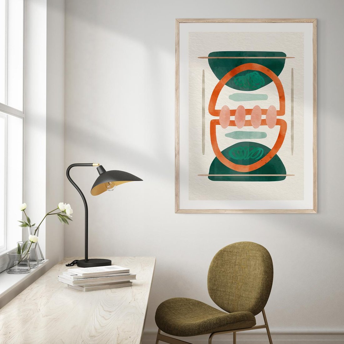 Plakat w ramie 30x40 - Oryginalny obraz abstrakcyjny w nowoczesnym stylu. Geometryczne akwarelowe kształty w intensywnych odcieniach zieleni i pomarańczu. Doskonała dekoracja dla miłośników sztuki. - abstrakcyjny obraz, sztuka nowoczesna - rama drewno