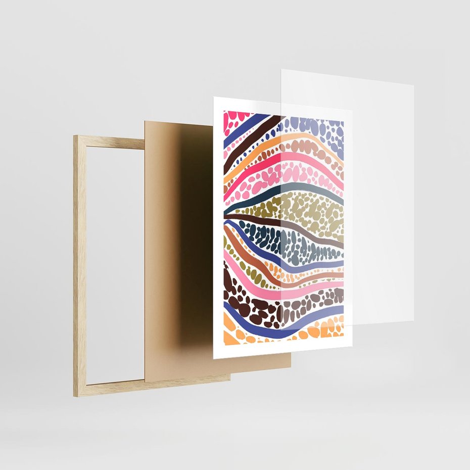 Plakat w ramie 50x70 - Wibracje Plam - kolorowe wzory, tęczowe żywe kolory - rama drewno
