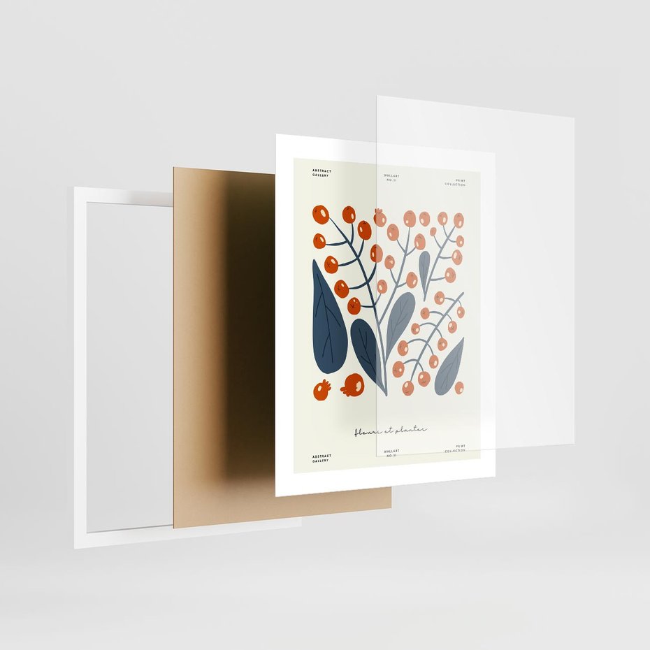 Plakat w ramie 40x50 - Minimalistyczna Uroda Jarzębin - jarzębiny, niebieskie liście - rama biała