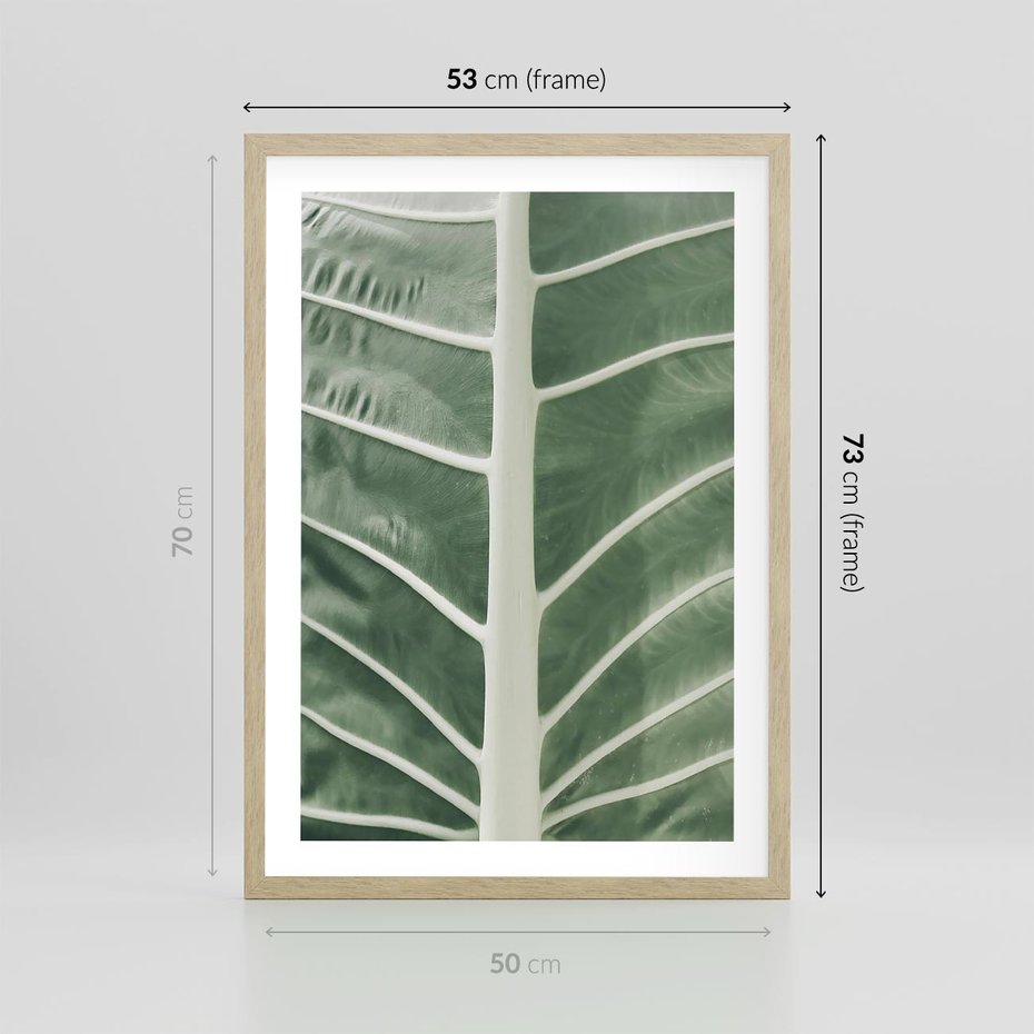 Plakat w ramie 50x70 - Zielone Wielkości: Zbliżenie Liścia - zbliżenie duz liść, jasna zieleń - rama drewno
