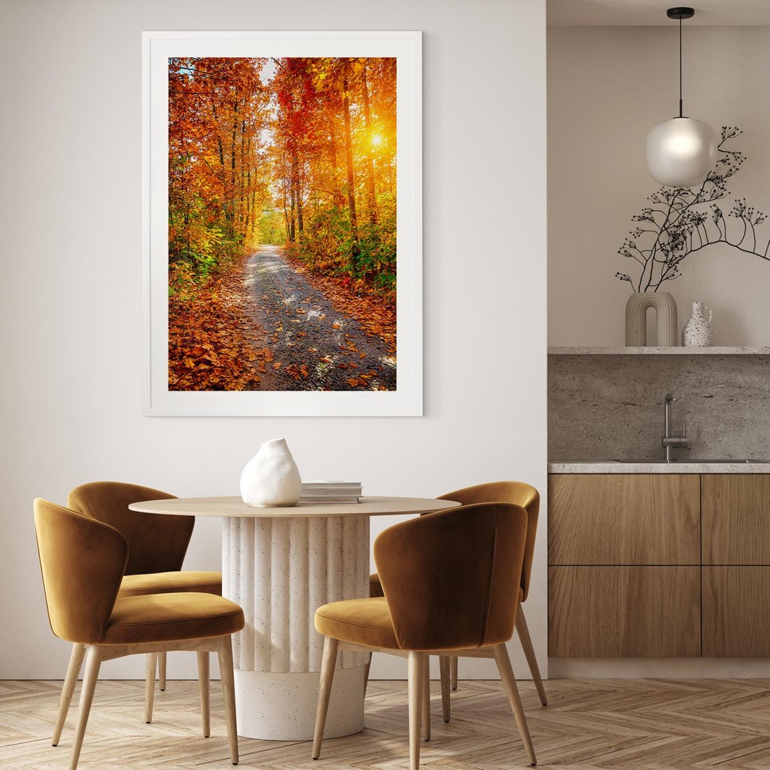 Plakat w ramie 50x70 - Kolorowe drzewa na ścieżce jesieni - las, jesień - rama biała