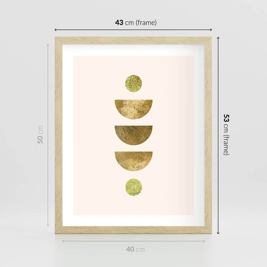 Plakat w ramie 40x50 - Harmonijne Odbicia - geometryczne złote kształty, tekstura - rama drewno