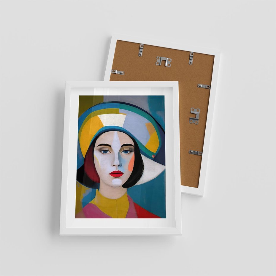 Plakat w ramie 30x40 - Kształtujące Widzenia - abstrakcyjny obraz olejny, portret twarzy kobiety - rama biała
