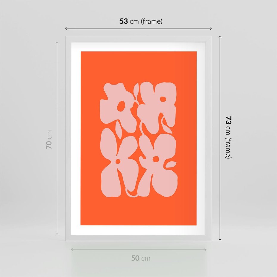 Plakat w ramie 50x70 - Taniec Abstrakcji - kwiaty, energetyczne pomarańczowe tłó - rama biała