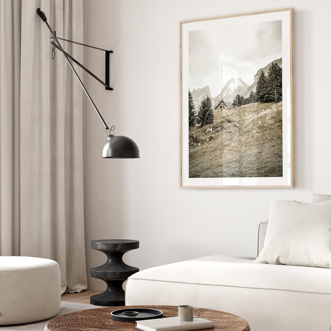 Plakat w ramie 40x50 - Krajobraz Sepii: Domek w Górach - domek w górach, góry - rama drewno