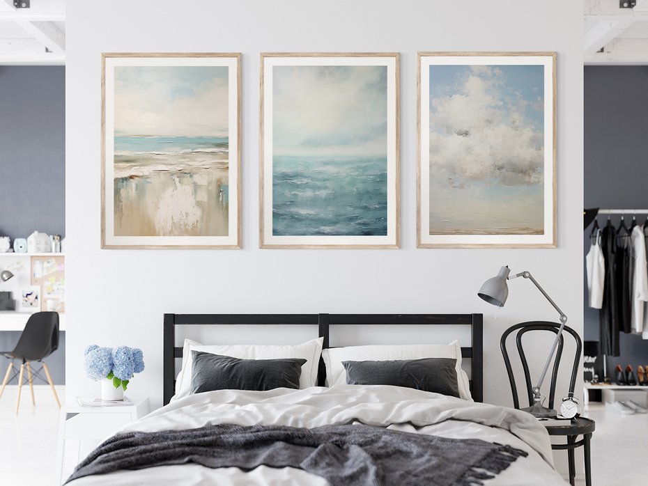 Zestaw obrazy w ramie 50x70 galeria - morze, niebo, akwarela, plaża - rama drewno