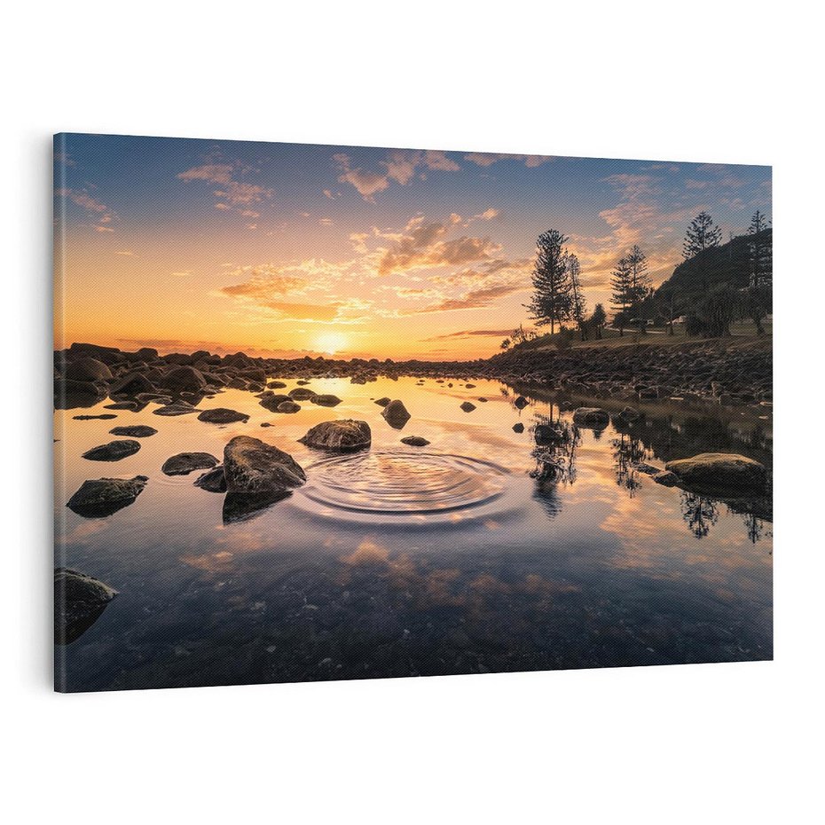 Obraz na płótnie 100x70 - Zachód słońca nad jeziorem: Spokój i harmonia - zachód słońca,