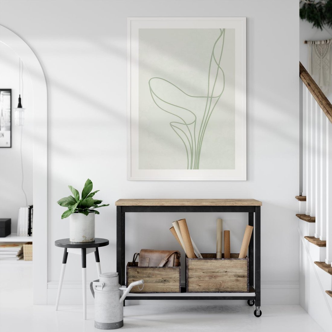 Plakat bez ramy 40x50 - Zielona Równowaga Linii - abstrakcyjne delikatne zielone linie, nowoczesny plakat