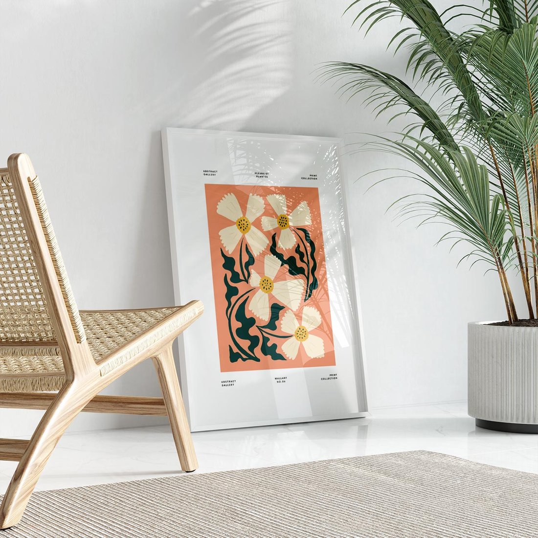 Plakat w ramie 40x50 - Refleksje w roślinnym odbiciu - kwiatowa kompozycja, minimalizm - rama biała