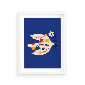 Plakat w ramie 50x70 - Bezczasowy Szept - niebieskie tło, abstrakcyjny biały ptak - rama biała