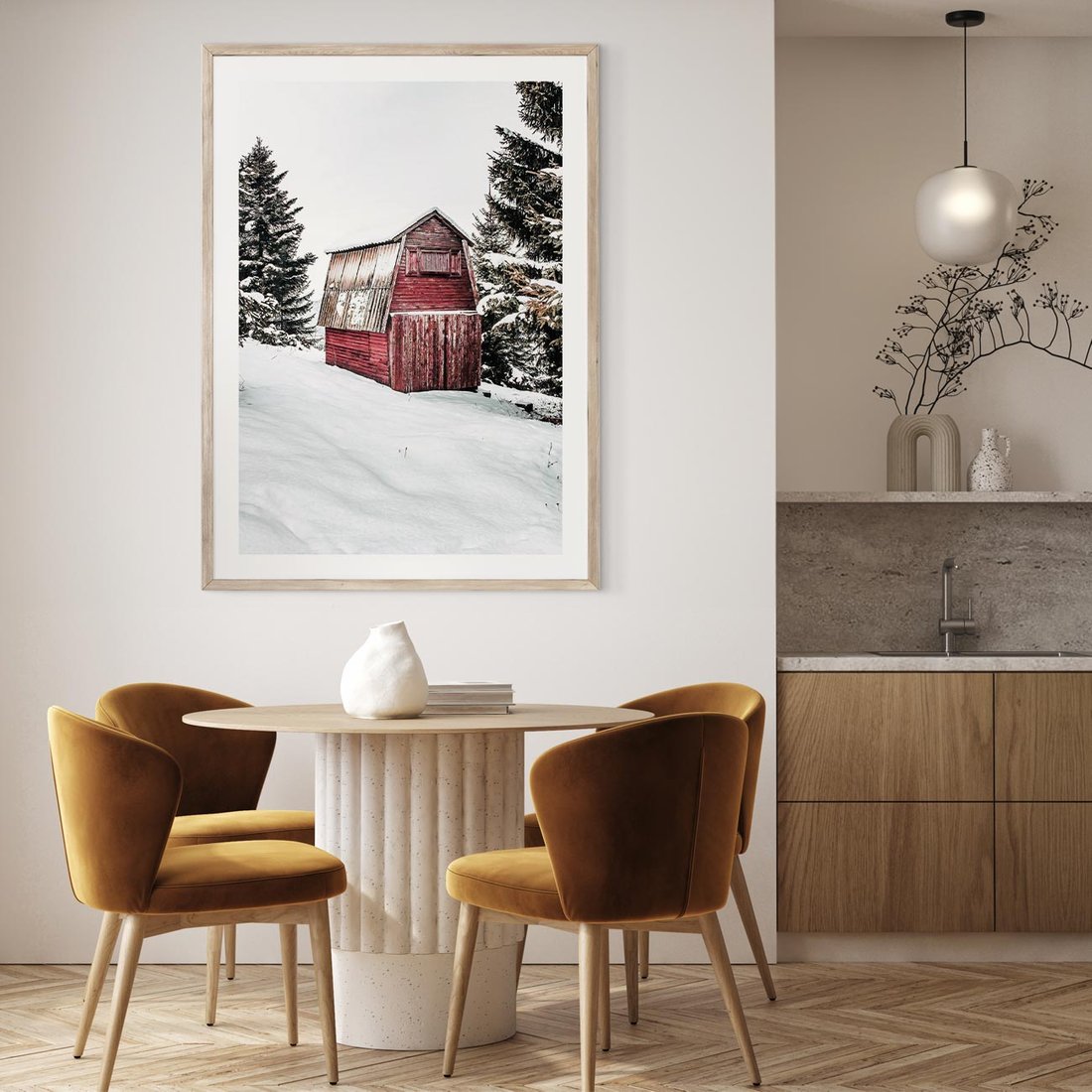 Plakat w ramie 50x70 - Domek w Śnieżnych Górach - domek, góry - rama drewno