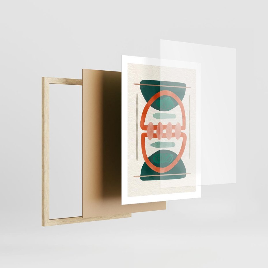 Plakat w ramie 50x70 - Oryginalny obraz abstrakcyjny w nowoczesnym stylu. Geometryczne akwarelowe kształty w intensywnych odcieniach zieleni i pomarańczu. Doskonała dekoracja dla miłośników sztuki. - abstrakcyjny obraz, sztuka nowoczesna - rama drewno