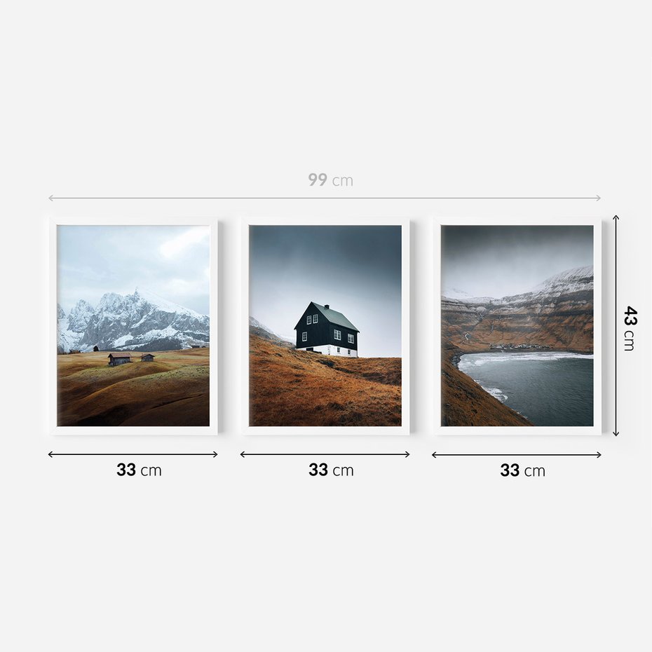 Zestaw obrazy w ramie 30x40 galeria - Skandynawski, domki, góry, widok - rama biała