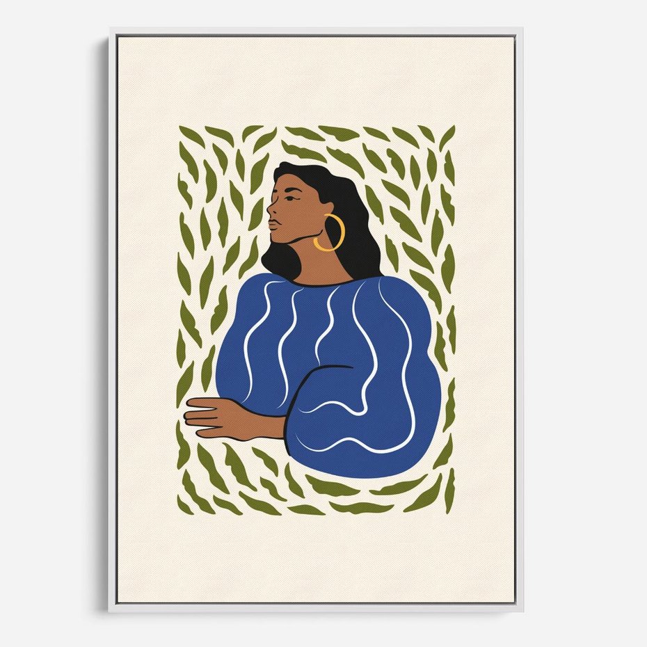 Obraz w ramie 70x100 - Rozbite Barwy - nowoczesny plakat, kobieta otoczona liśćmi - rama biała