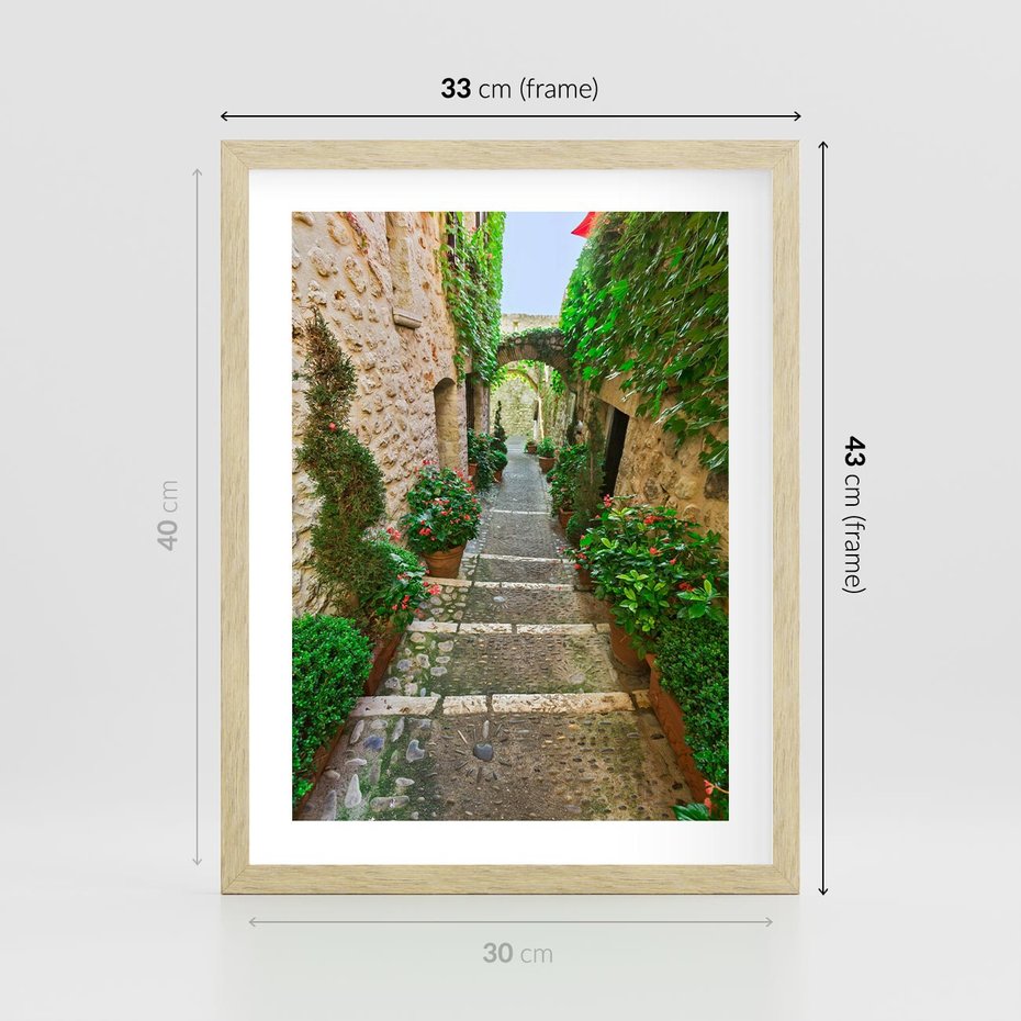 Plakat w ramie 30x40 - Magiczna podróż w głąb miasta - uliczka, perspektywa - rama drewno