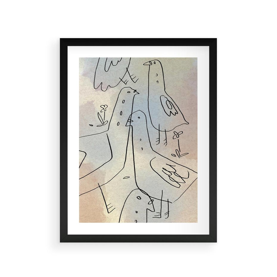 Plakat w ramie 30x40 - Strukturalna Gromada - abstrakcyjny plakat, szkic ptaków - rama czarna