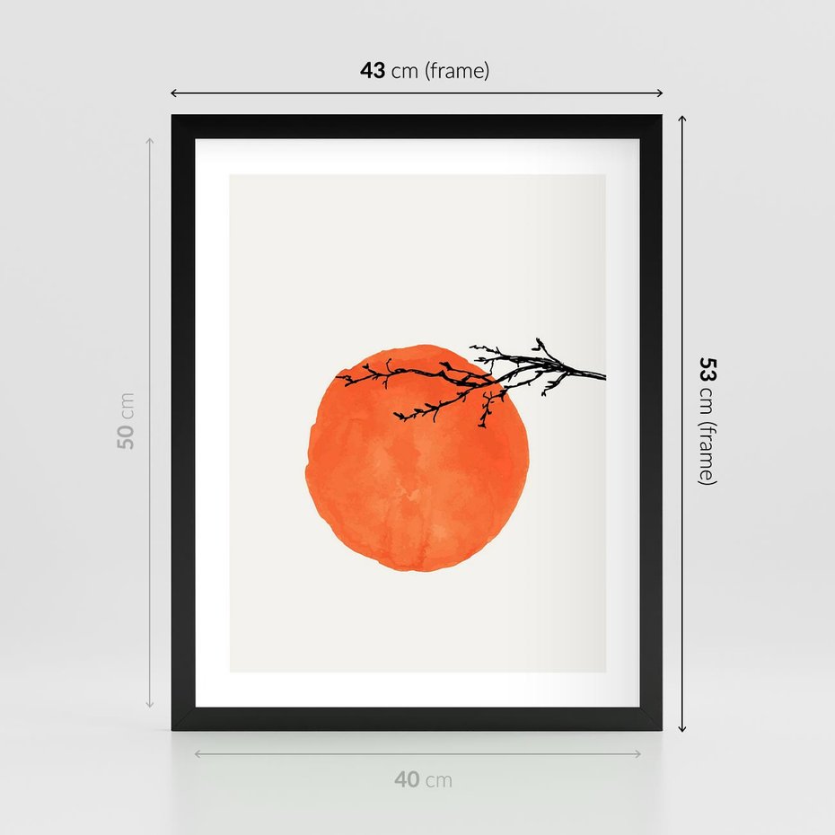 Plakat w ramie 40x50 - Słońce i Gałązka - pomarańczowe słońce, gałązka - rama czarna
