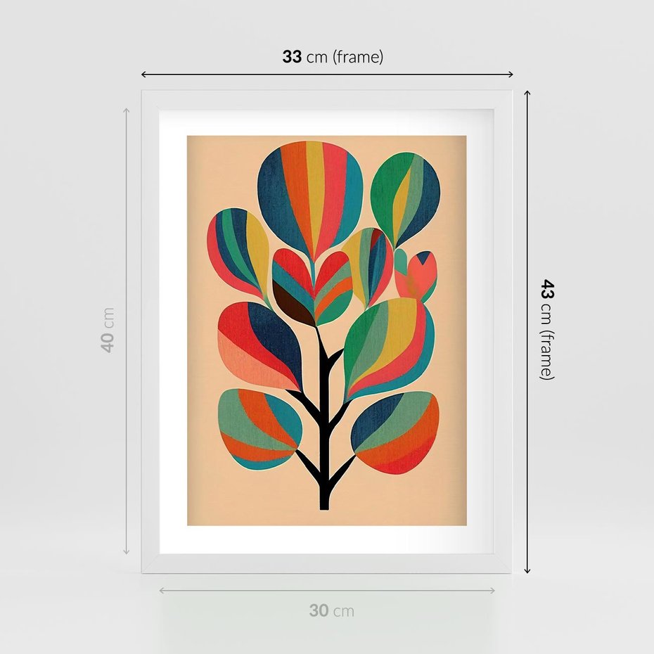 Plakat w ramie 30x40 - Harmonia Rozplątanych Form - abstrakcyjny kolorowy tęczowy obraz, inspiracje roślinne - rama biała