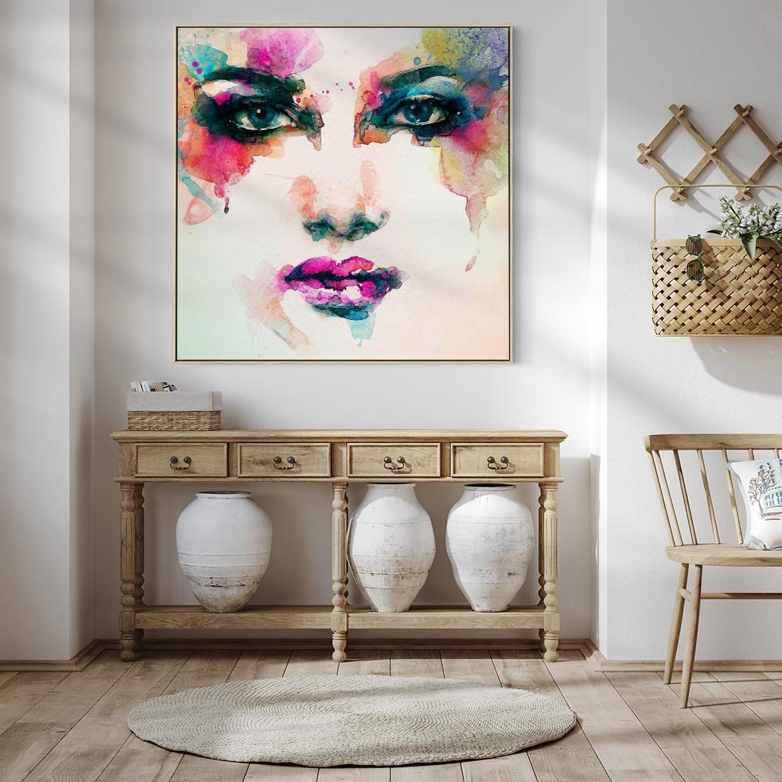 Obraz w ramie 50x50 - Eteryczna Głębia Dusz - portret twarz kobiety, wyraziste oczy - rama drewno