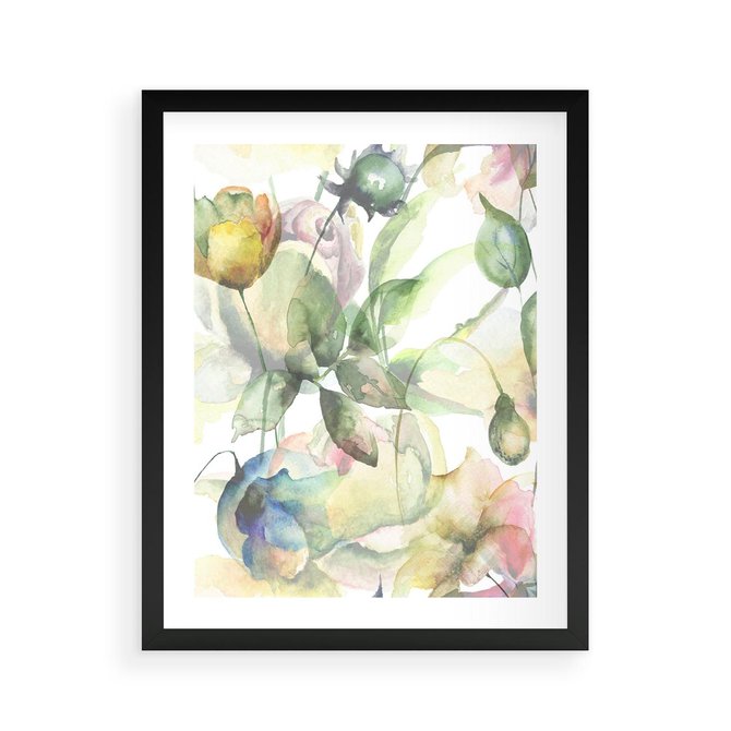 Plakat w ramie 40x50 - Delikatne Kolory - akwarelowe, kwiaty - rama czarna