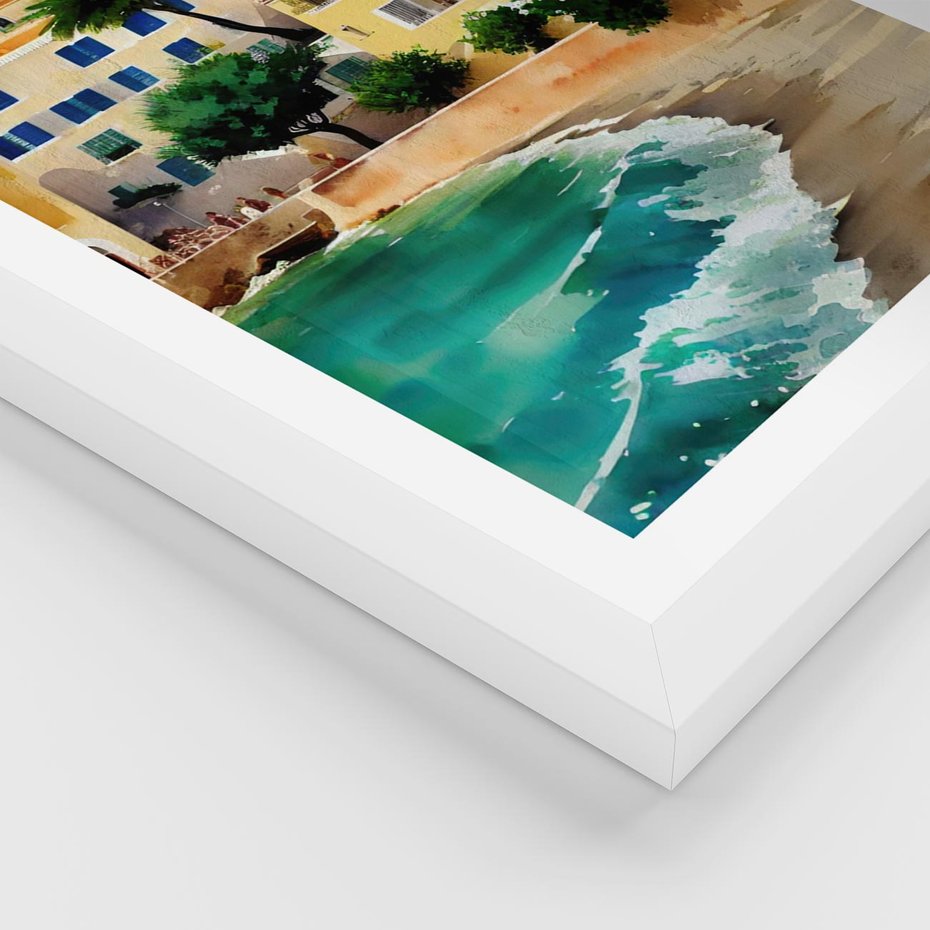 Plakat w ramie 30x40 - Zamieszkajmy Tu - akwarela, śródziemnomorski klimat - rama biała