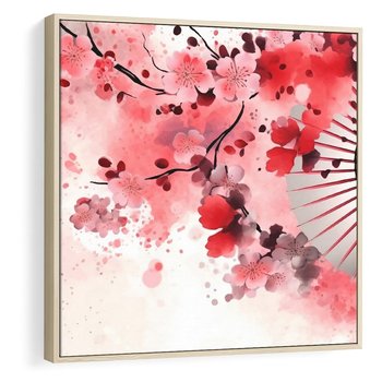 Obraz w ramie 80x80 - Szept Kwitnącej Wiśni - japoński parasol, liście - rama drewno