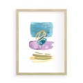 Plakat w ramie 50x70 - Taniec Akwarelowych Kresek - akwarelowe plamy w odcieniach błękitu, złote kreski - rama drewno
