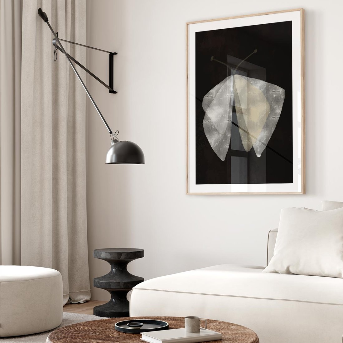 Plakat w ramie 50x70 - Obce Powidoki - abstrakcyjna ćma, mroczna atmosfera - rama drewno