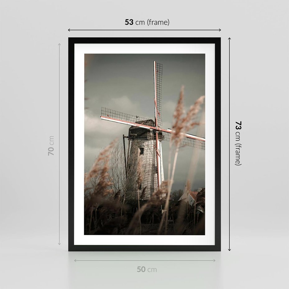 Plakat w ramie 50x70 - Wiejska Idylla: Młyn w Polu - wiatrak, młyn w polu - rama czarna