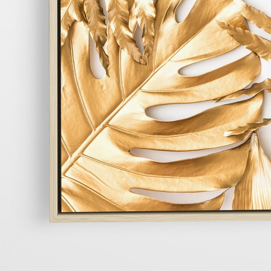 Obraz w ramie 80x80 - Monstera Złote Liście - monstera, złote - rama drewno