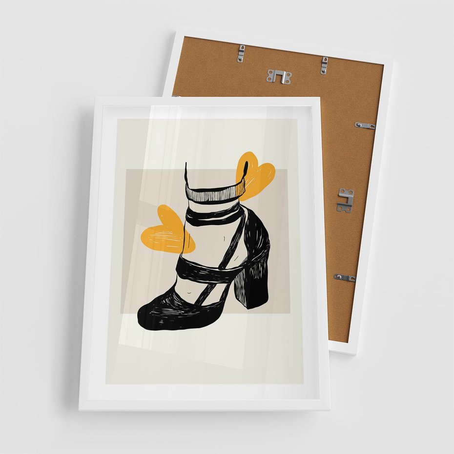 Plakat w ramie 50x70 - Elegancja w Szkicu: Stopa w Bucie na Obcasie - grafika, czarny szkic - rama biała