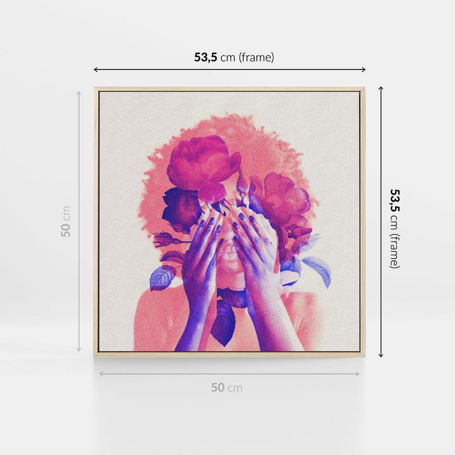 Obraz w ramie 50x50 - Kwiaty we Włosach - różowa postać, grafika - rama drewno