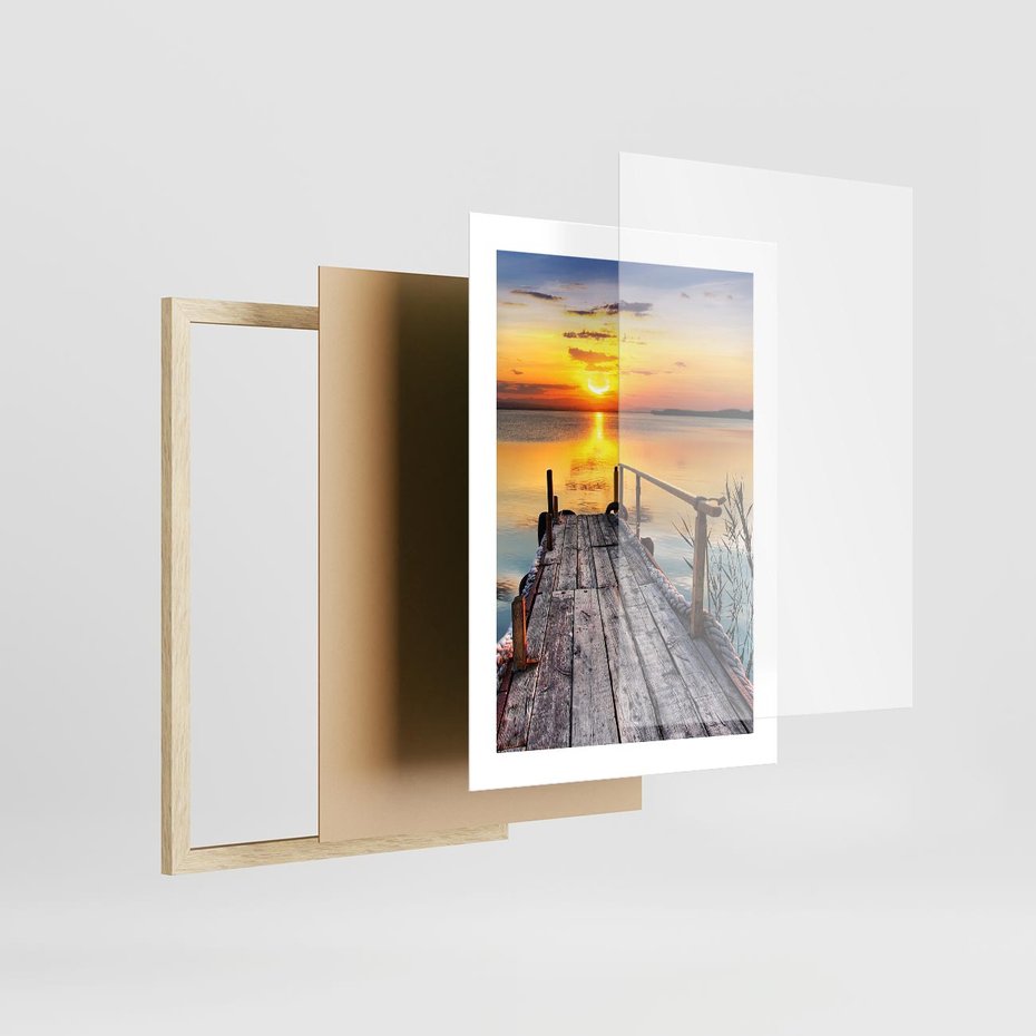 Plakat w ramie 30x40 - Zachód nad jeziorem z pomostem - pomost, jezioro - rama drewno