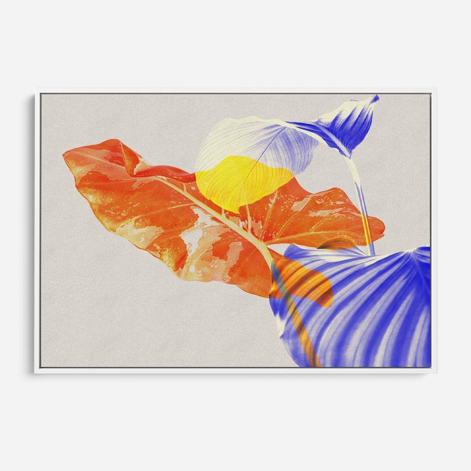 Obraz w ramie 120x80 - Energetyczne Indygo - retro, tropikalne liście - rama biała