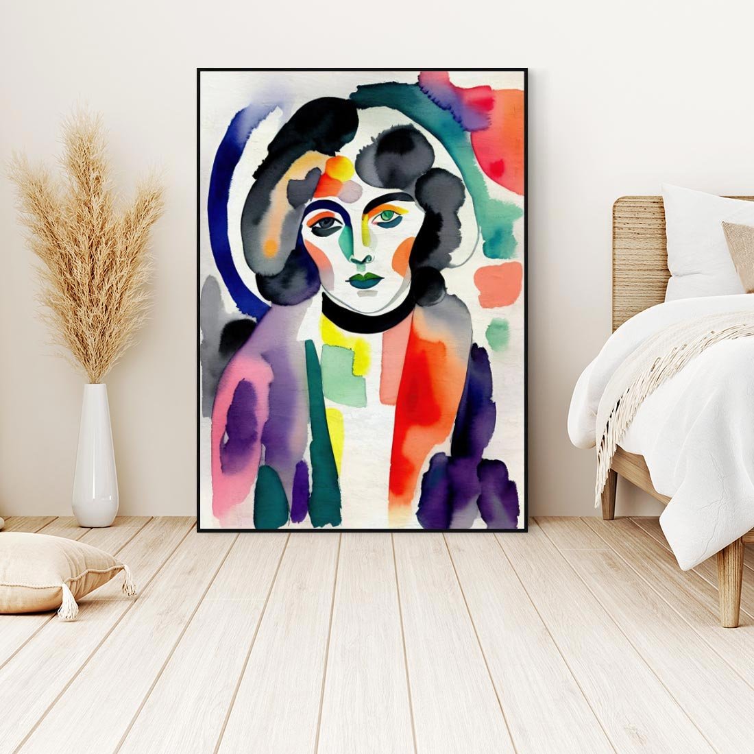 Obraz w ramie 50x70 - Subtelne Akwarelowe Ulotności - abstrakcyjny akwarelowy portret kobiety, rozmyte farby - rama czarna