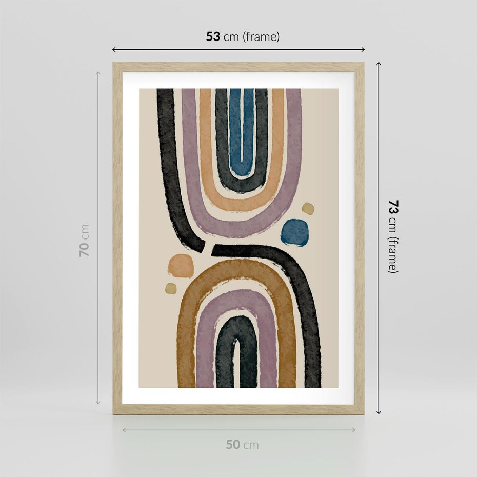 Plakat w ramie 50x70 - Taniec Przenikających Kształtów - abstrakcyjne tęcze, kompozycja - rama drewno