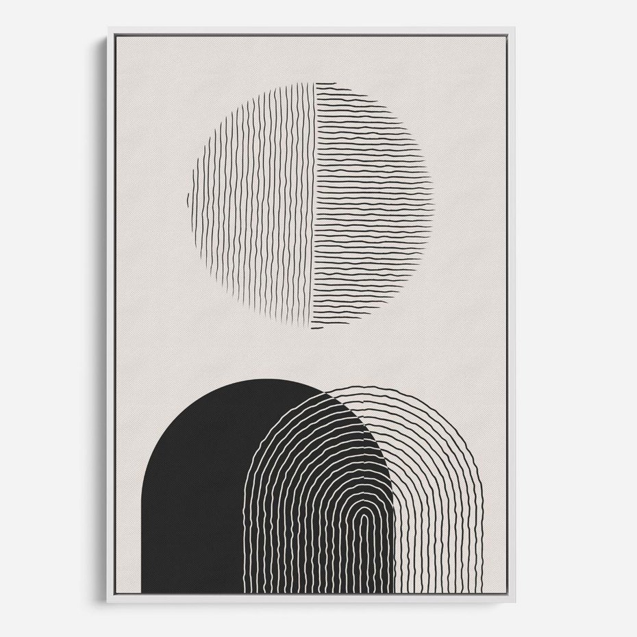 Obraz w ramie 70x100 - Przenikająca Rzeczywistość - abstrakcyjna kompozycja, okręgi i półokręgi - rama biała