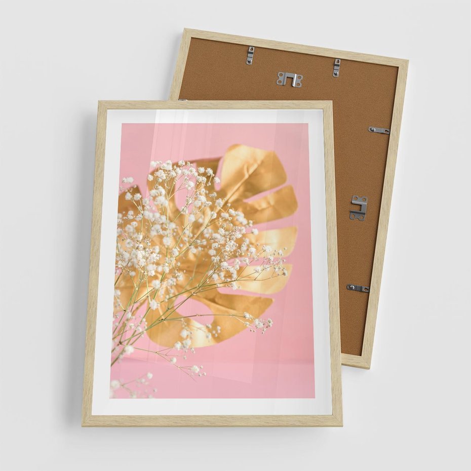 Plakat w ramie 50x70 - : Elegancja w Złocie - złote, liście - rama drewno
