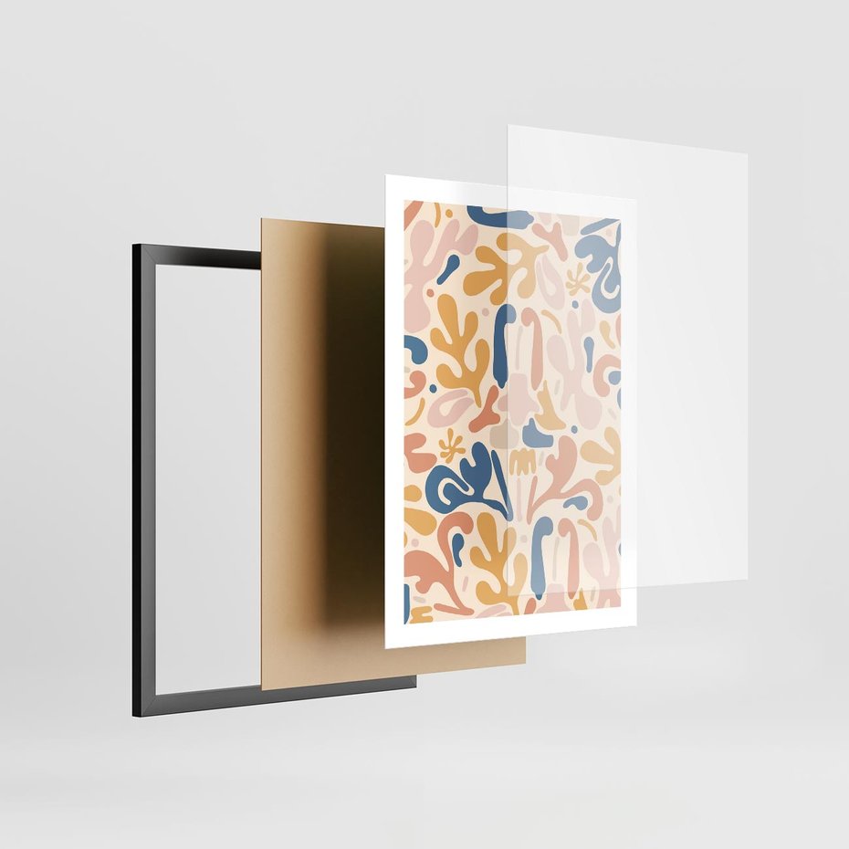 Plakat w ramie 50x70 - Symfonia Radosnych Barw - abstrakcyjne pastelowe formy, nowoczesna grafika w stylu boho - rama czarna