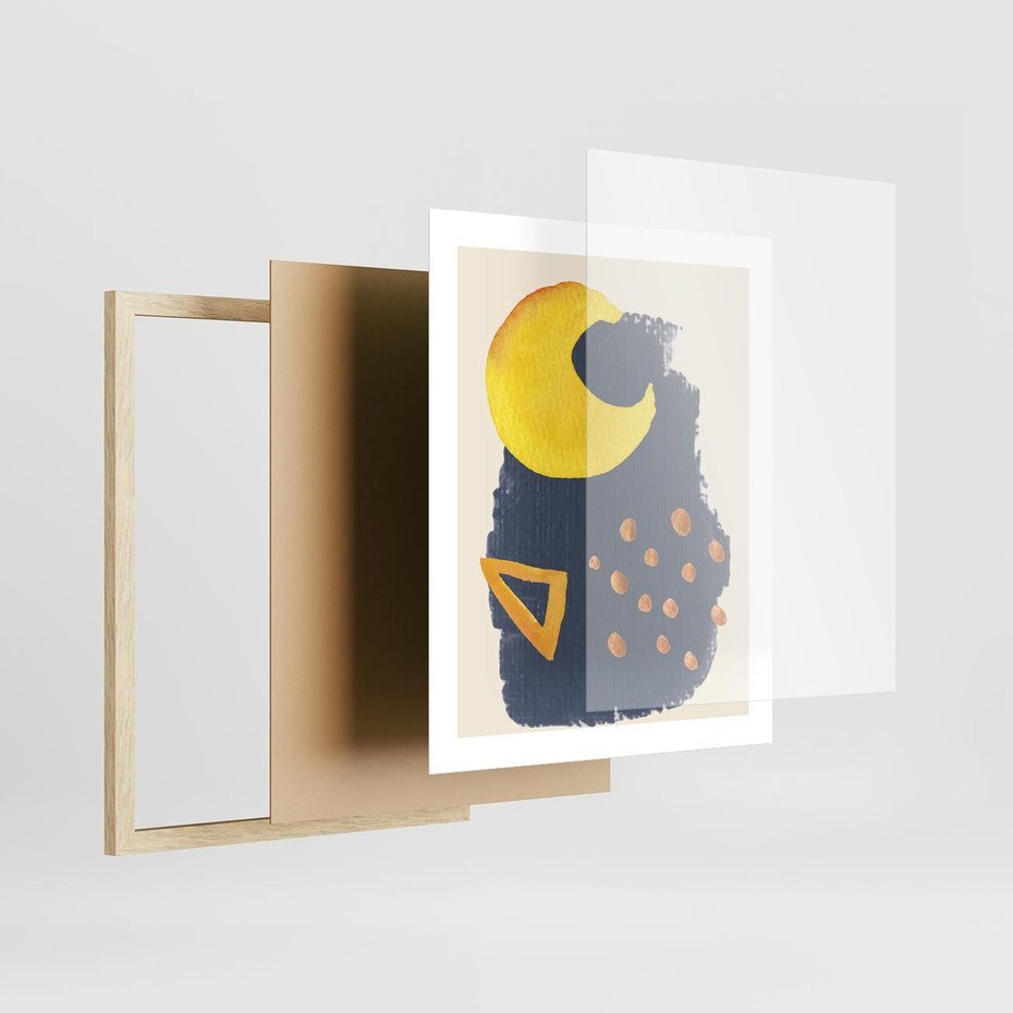 Plakat w ramie 40x50 - Migocące Nocne Barwy - abstrakcyjna akwarelowa plama, granatowa - rama drewno