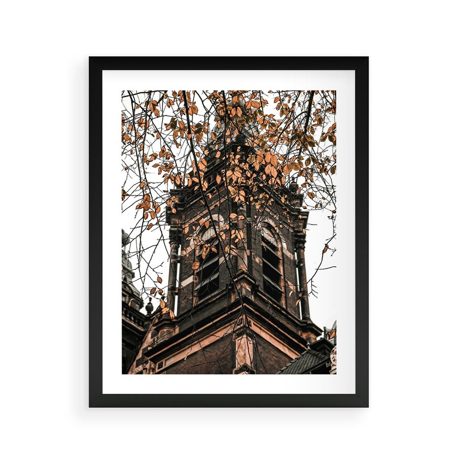 Plakat w ramie 40x50 - Jesienna Wieża w Liściach - architektura, wieża - rama czarna