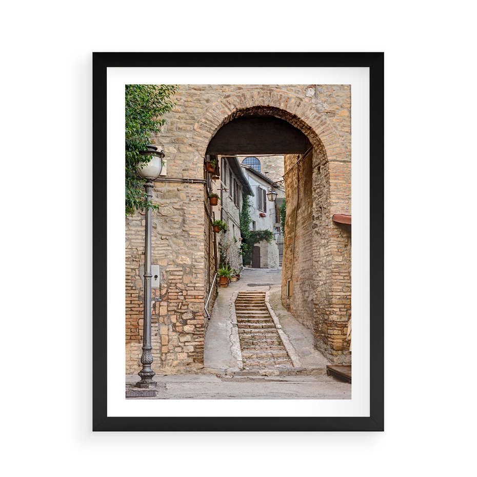 Plakat w ramie 50x70 - Klimatyczna Uliczka w Grecji - uliczka, Grecja - rama czarna