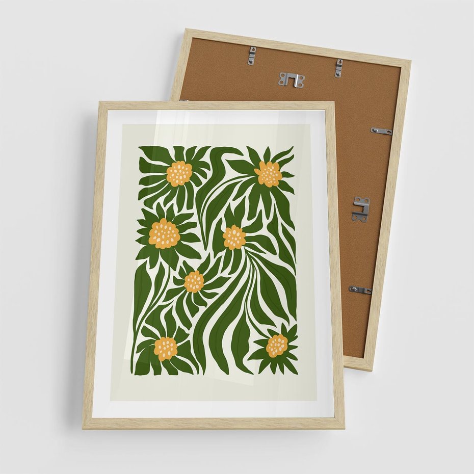 Plakat w ramie 50x70 - Spojrzenie wgłąb roślinnego świata - abstrakcyjne kwiaty, kompozycja - rama drewno