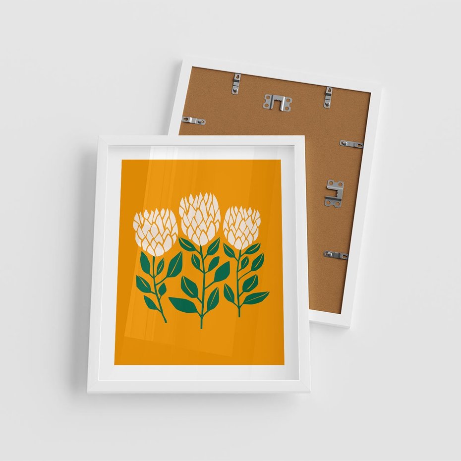 Plakat w ramie 40x50 - Kolorowe Impresje - abstrakcyjna kwiatowa kompozycja, żółte mocne tło - rama biała