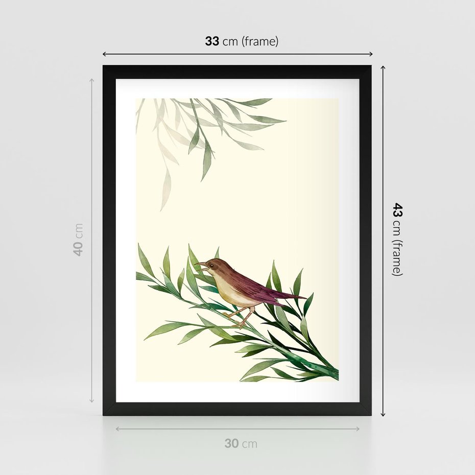 Plakat w ramie 30x40 - Roślinne Nastroje - japońska sztuka, ptak - rama czarna