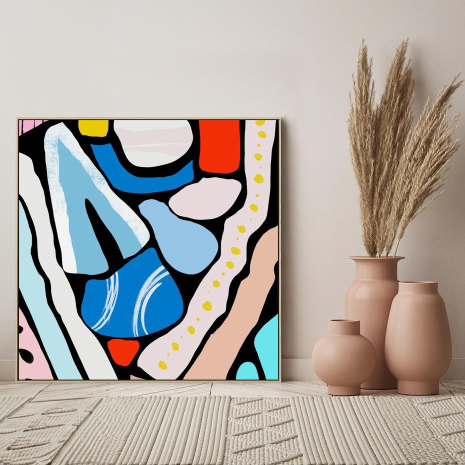 Obraz w ramie 50x50 - Kolory Na Czerni - abstrakcyjne formy, komiksowy styl - rama drewno