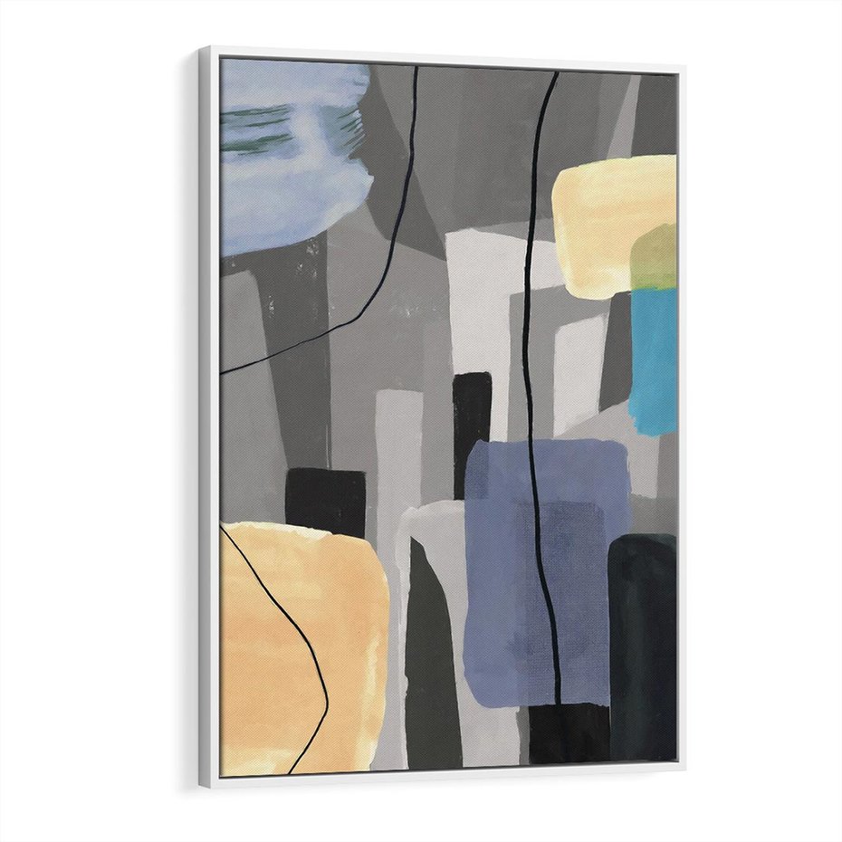 Obraz w ramie 80x120 - Harmonia w chaosie serca - abstrakcja na szarym tle, kolorowe plamy koloru - rama biała