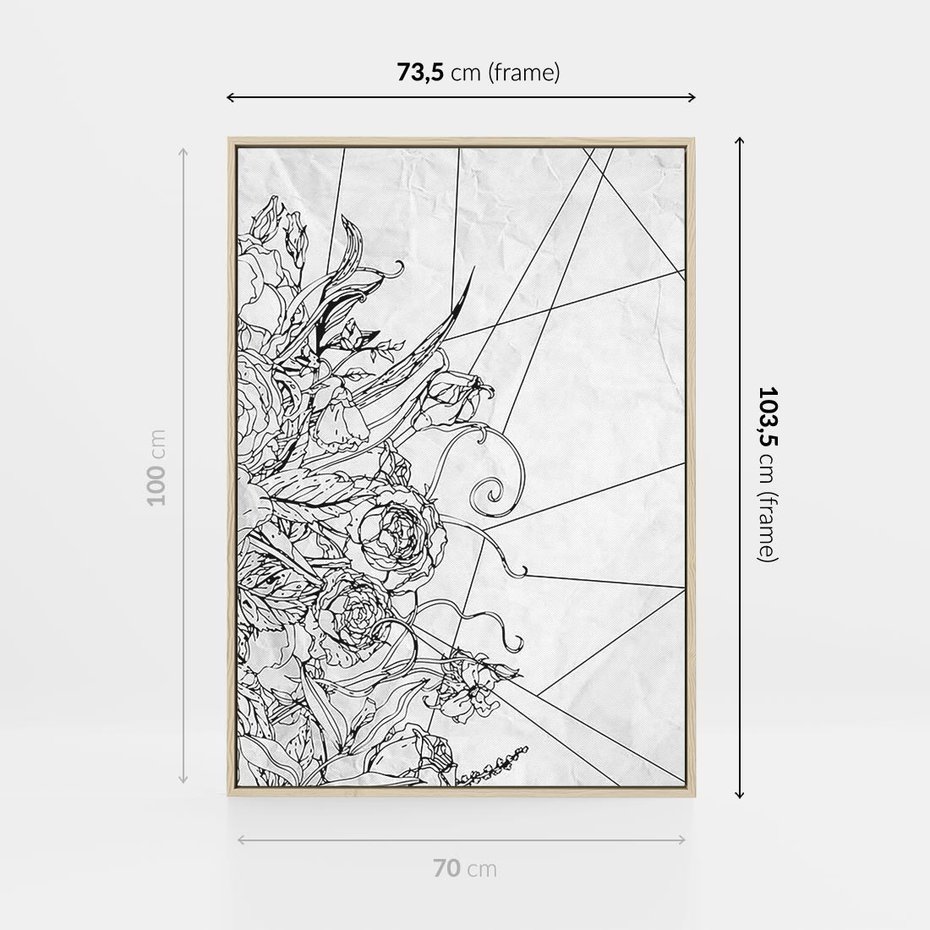 Obraz w ramie 70x100 - Refleksje w martwym punkcie - graficzny szkic, kompozycja kwiatów - rama drewno
