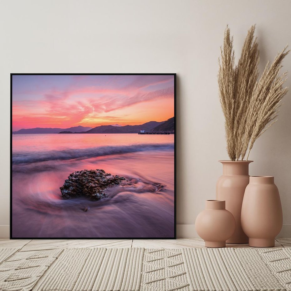 Obraz w ramie 50x50 - Zaklęty Zachód - magiczny zachód słońca, fioletowe - rama czarna